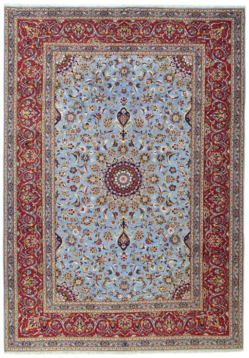 Full view of 2000s Kashan rug from Iran / Persia, 300 × 210 cm in Blue tones