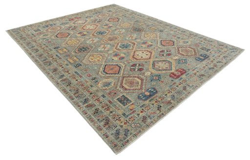 Corner detail of New Kazak rug showing border pattern and Wool pile
