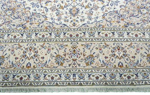 Full view of 2000s Kashan rug from Iran / Persia, 400 × 296 cm in Beige tones