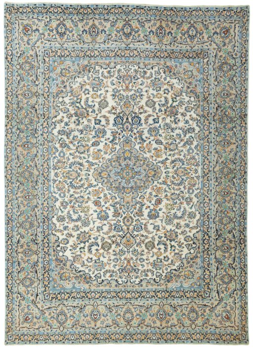 Full view of 2000s Yazd rug from Iran / Persia, 385 × 279 cm in Beige tones