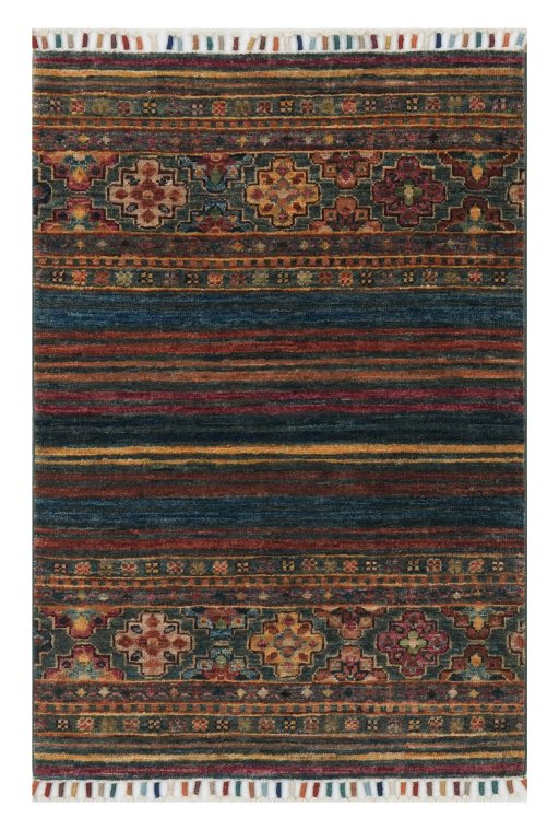 Full view of New Samarkand rug from Pakistan, 97 × 66 cm in Multi Color tones