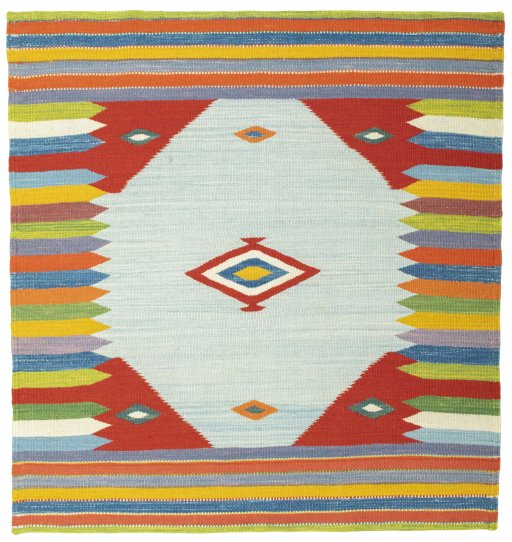 Full view of New Kilim Sofre rug from Turkey, 105 × 99 cm in Multi Color tones