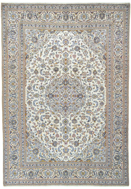 Full view of 2000s Kashan rug from Iran / Persia, 374 × 260 cm in Beige tones