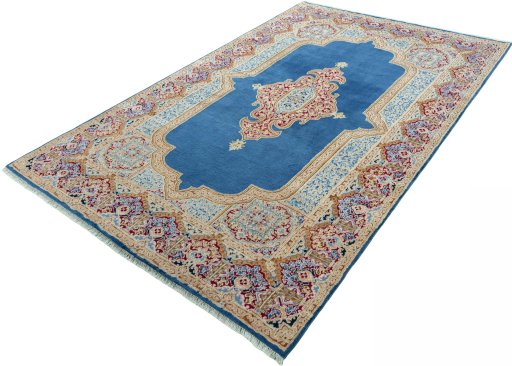 Corner detail of 2000s Kerman rug showing border pattern and Wool pile