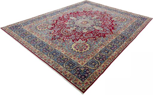 Corner detail of 1970s Kerman rug showing border pattern and Wool pile