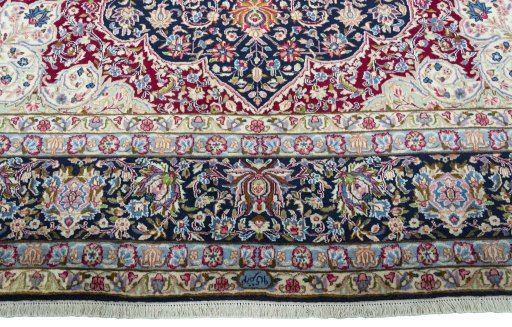 Full view of 1970s Kerman rug from Iran / Persia, 357 × 305 cm in Blue tones