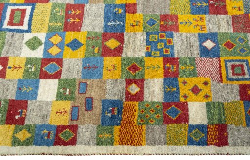 Close-up detail of 2000s Persian Gabbeh rug from Pakistan showing Wool weave