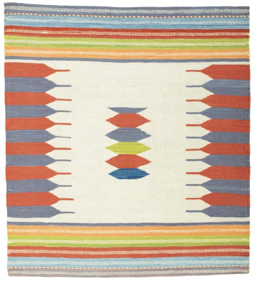 Full view of New Kilim Sofre rug from Turkey, 109 × 99 cm in Multi Color tones