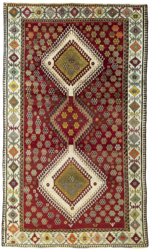 Full view of 1970s Persian Gabbeh rug from Iran / Persia, 235 × 137 cm in Red tones