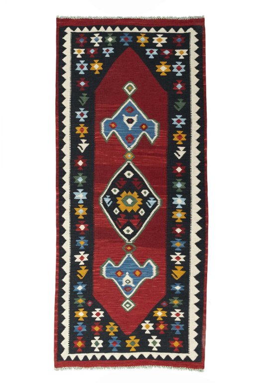 Full view of New Kilim Ghashghai rug from Iran / Persia, 229 × 100 cm in Red tones