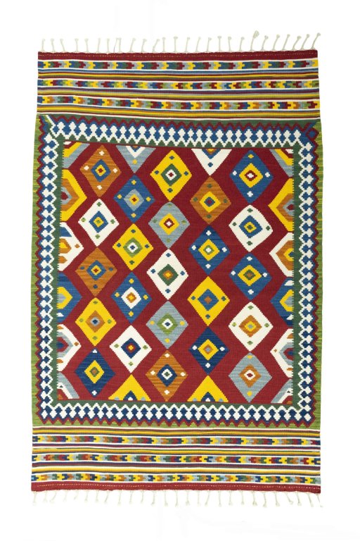 Full view of New Kilim Ghashghai rug from Iran / Persia, 219 × 146 cm in Red tones