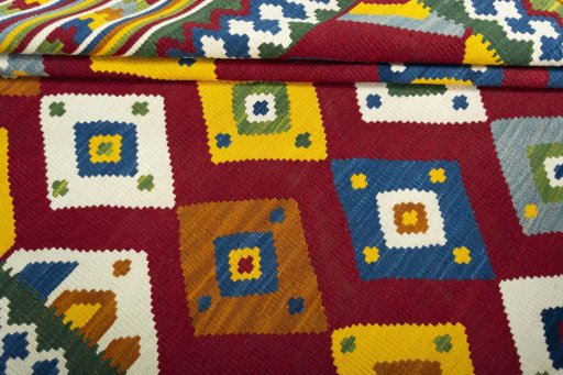 Full view of New Kilim Ghashghai rug from Iran / Persia, 219 × 146 cm in Red tones