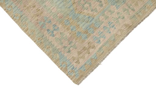 Backside of handmade New Kilim Traditional rug showing knot structure and weave density