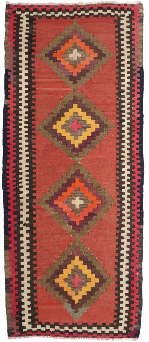 Full view of 1990s Kilim Traditional rug from Iran / Persia, 285 × 120 cm in Multi Color tones