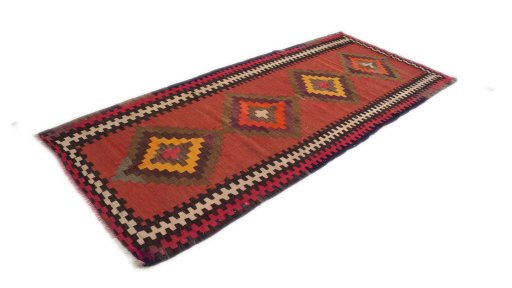 Corner detail of 1990s Kilim Traditional rug showing border pattern and Wool pile