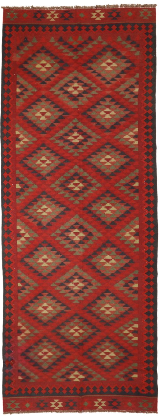 Full view of New Kilim Traditional rug from Iran / Persia, 390 × 150 cm in Red tones