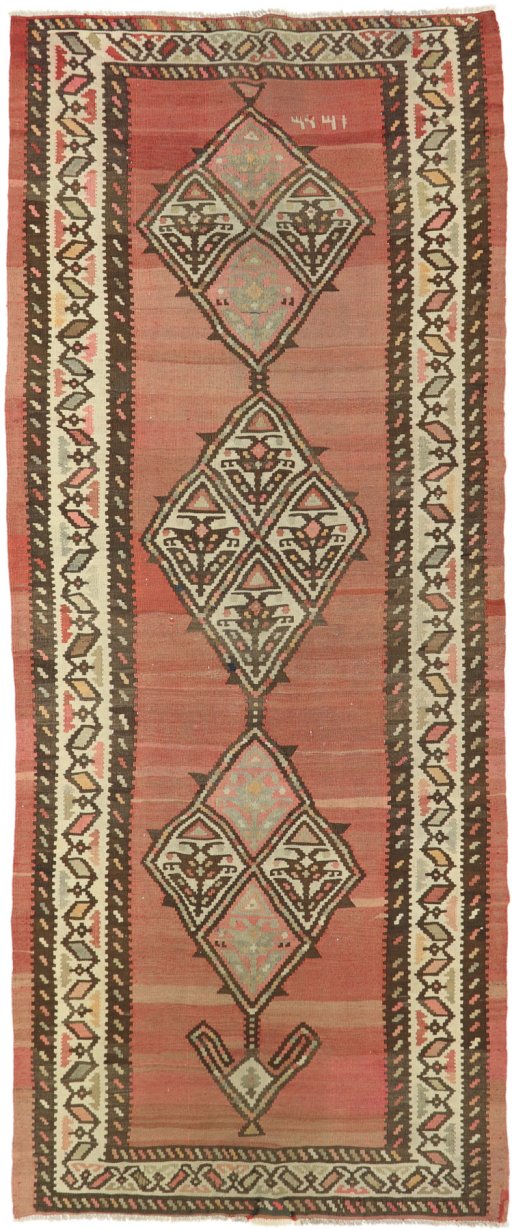 Full view of New Kilim Traditional rug from Iran / Persia, 320 × 130 cm in Beige tones