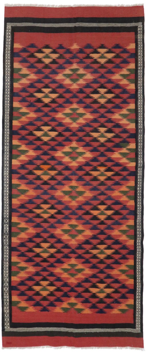 Full view of New Kilim Traditional rug from Iran / Persia, 370 × 150 cm in Multi Color tones