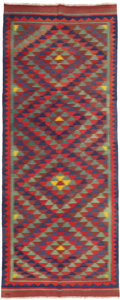 Full view of New Kilim Traditional rug from Iran / Persia, 375 × 145 cm in Multi Color tones