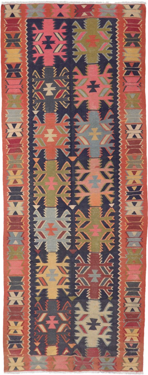 Full view of 1960s Kilim Traditional rug from Iran / Persia, 390 × 150 cm in Multi Color tones
