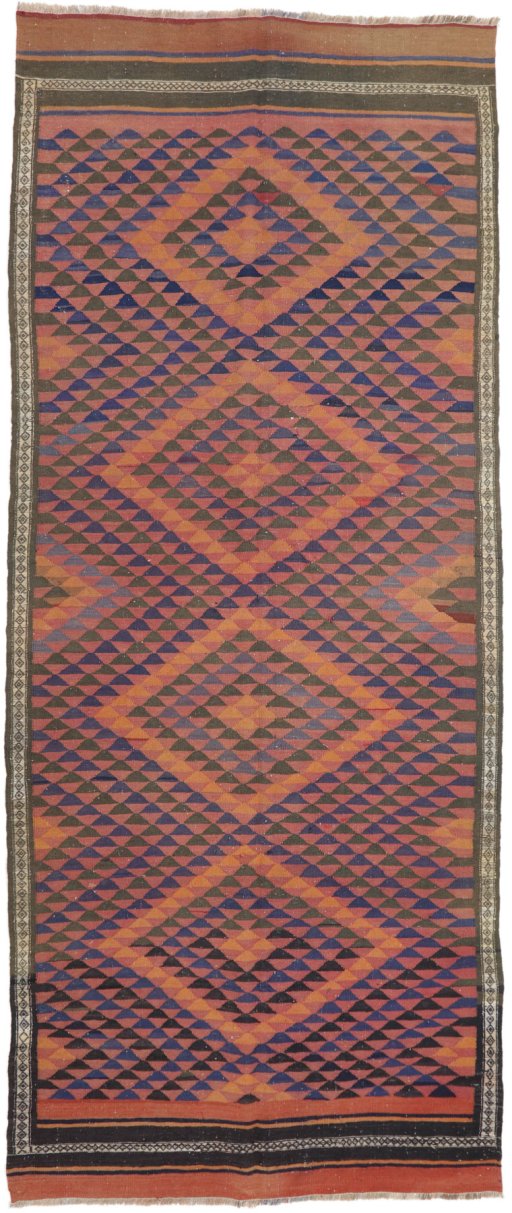 Full view of New Kilim Traditional rug from Iran / Persia, 360 × 150 cm in Multi Color tones
