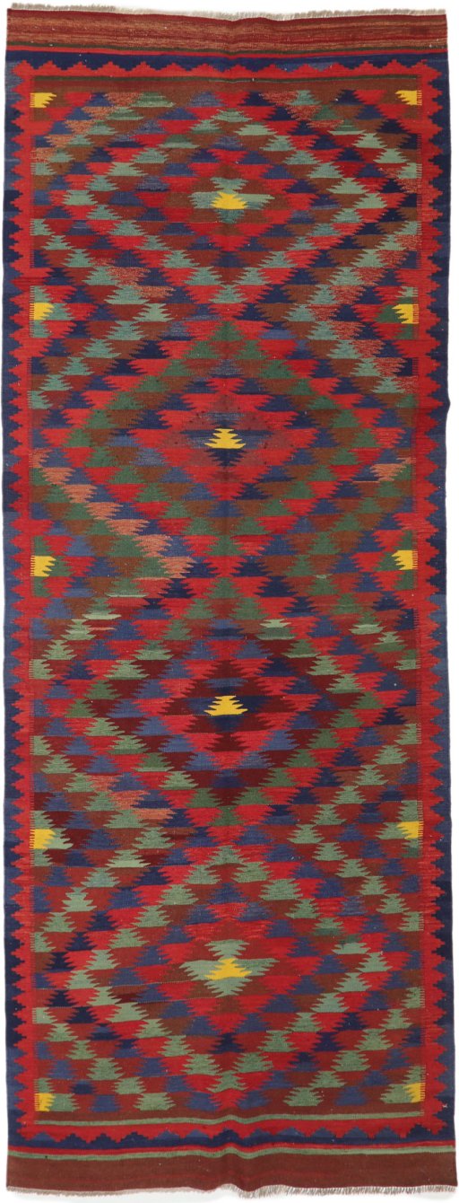 Full view of New Kilim Traditional rug from Iran / Persia, 390 × 140 cm in Multi Color tones