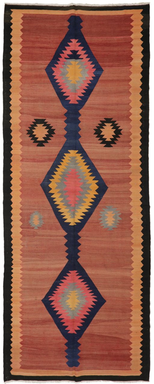 Full view of New Kilim Traditional rug from Iran / Persia, 430 × 160 cm in Multi Color tones