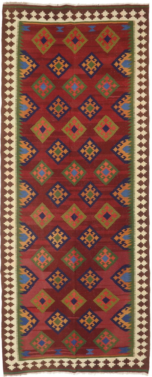 Full view of New Kilim Traditional rug from Iran / Persia, 375 × 145 cm in Multi Color tones