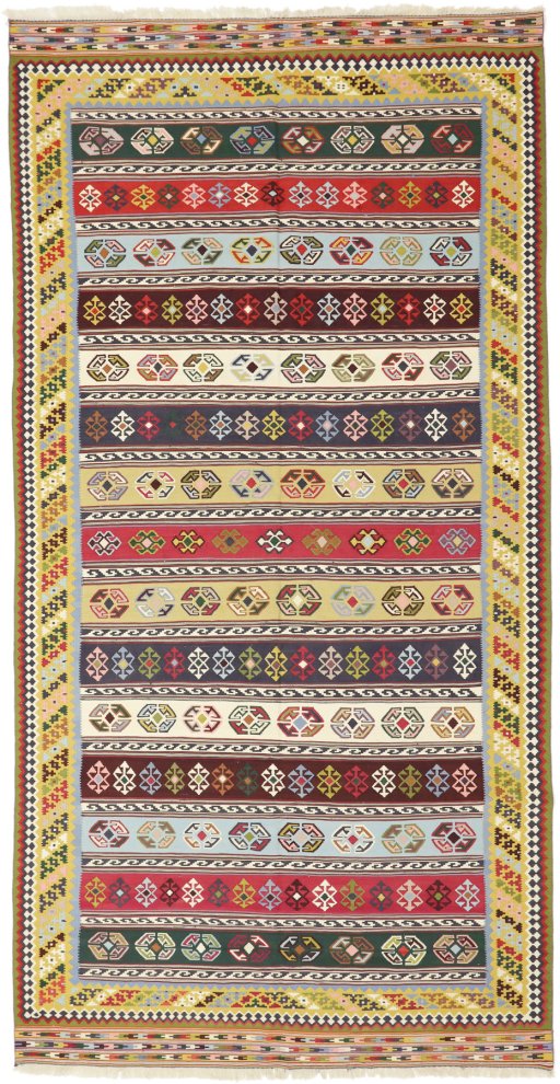 Full view of New Kilim Traditional rug from Iran / Persia, 305 × 155 cm in Multi Color tones