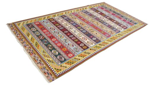 Corner detail of New Kilim Traditional rug showing border pattern and Wool pile
