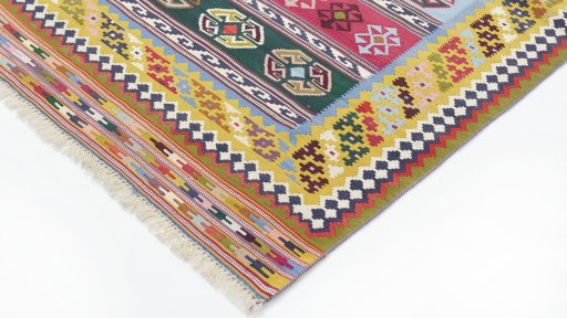 Backside of handmade New Kilim Traditional rug showing knot structure and weave density