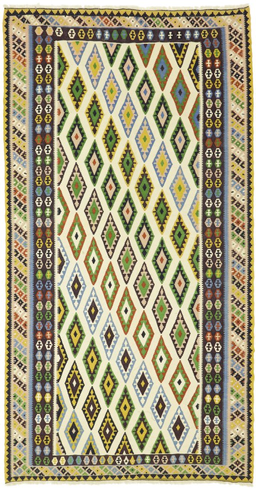 Full view of New Kilim Traditional rug from Iran / Persia, 295 × 155 cm in Beige tones