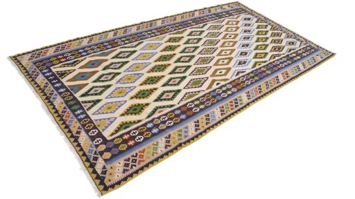Corner detail of New Kilim Traditional rug showing border pattern and Wool pile