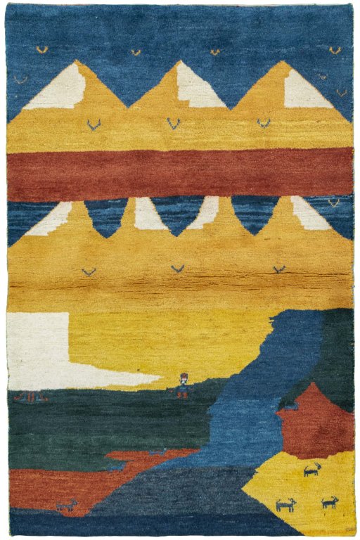 Full view of 2000s Persian Gabbeh rug from Pakistan, 173 × 113 cm in Multi Color tones