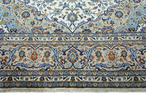 Full view of 2000s Kashan rug from Iran / Persia, 408 × 292 cm in Beige tones