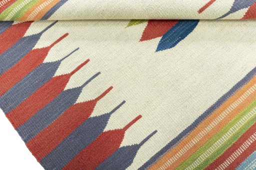 Full view of New Kilim Sofre rug from Turkey, 109 × 99 cm in Multi Color tones