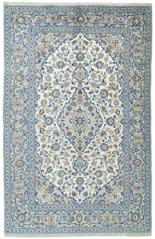Full view of 2000s Kashan rug from Iran / Persia, 305 × 200 cm in Beige tones