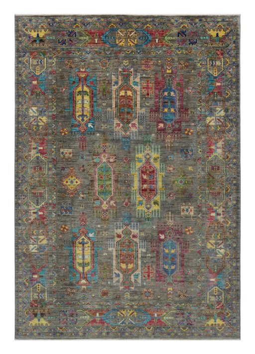 Full view of New Samarkand rug from Pakistan, 235 × 166 cm in Gray tones