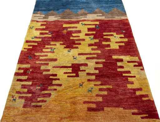 Surface texture of 2000s Persian Gabbeh rug with natural Wool and intricate pattern