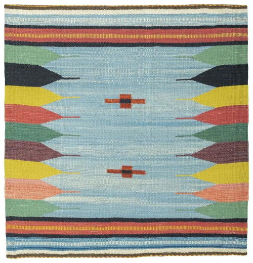 Full view of New Kilim Sofre rug from Turkey, 108 × 104 cm in Multi Color tones