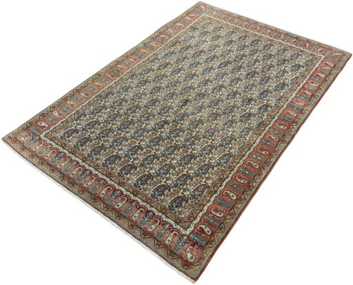 Corner detail of 1950s Ghom rug showing border pattern and Wool pile