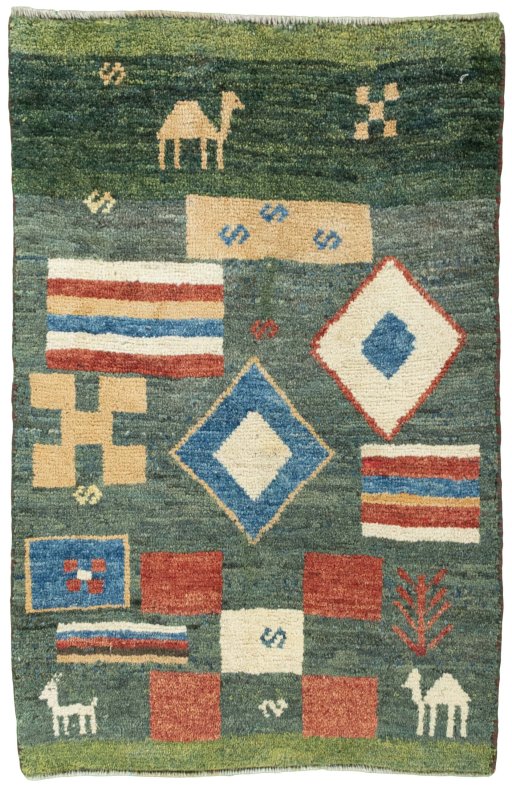 Full view of 2000s Persian Gabbeh rug from Iran / Persia, 112 × 73 cm in Green tones