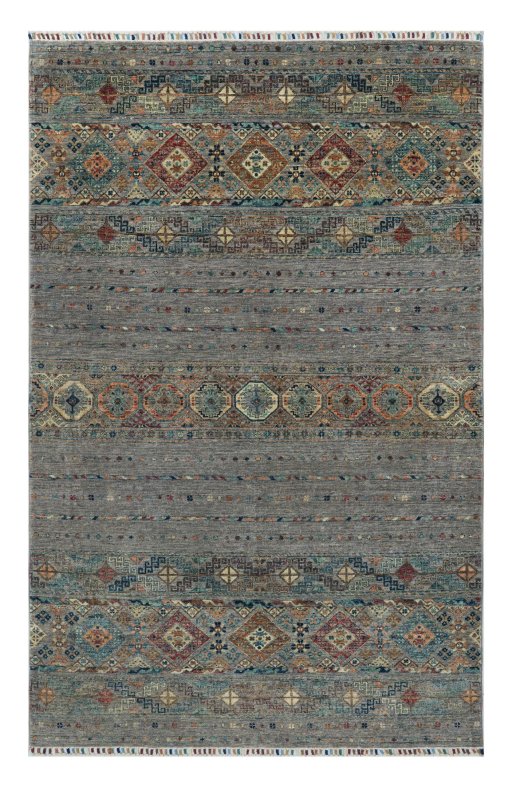 Full view of New Samarkand rug from Pakistan, 242 × 157 cm in Gray tones