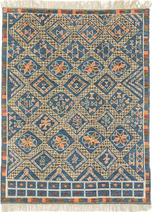 Full view of New Morocco rug from Pakistan, 296 × 224 cm in Dark blue tones