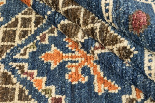 Full view of New Morocco rug from Pakistan, 296 × 224 cm in Dark blue tones