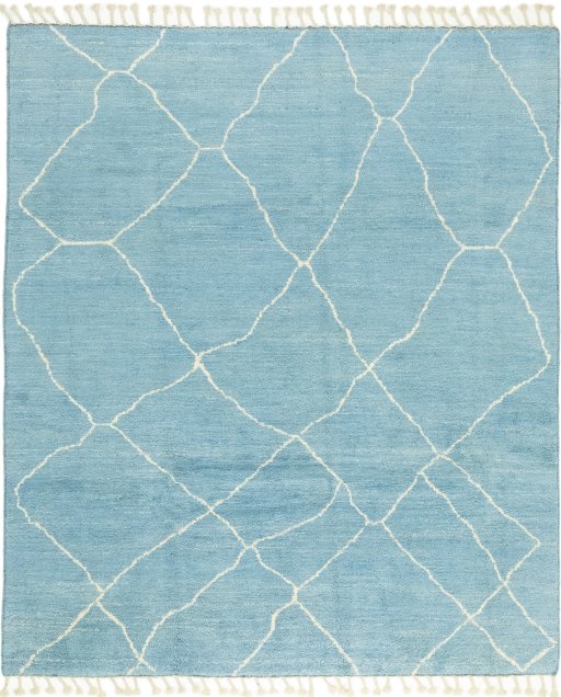 Full view of New Morocco rug from Pakistan, 301 × 257 cm in Blue tones