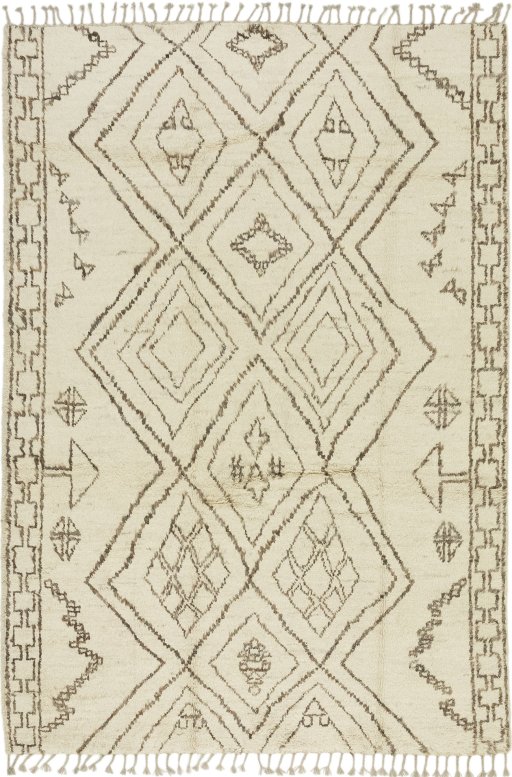 Full view of New Morocco rug from Pakistan, 296 × 208 cm in Cream tones
