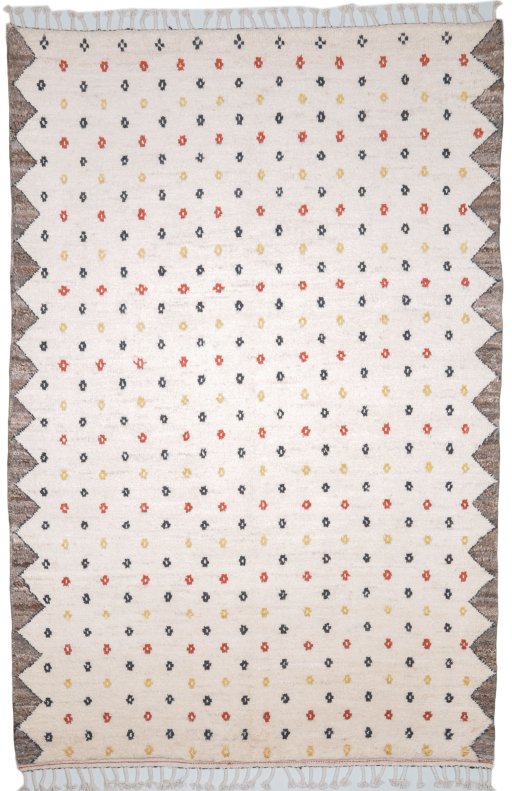 Full view of New Morocco rug from Pakistan, 301 × 203 cm in Beige tones