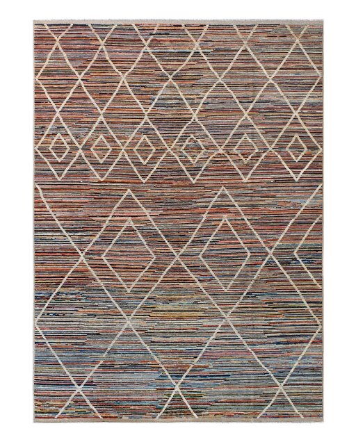 Full view of New Morocco rug from Pakistan, 436 × 310 cm in Multi Color tones