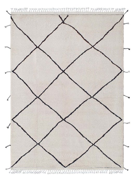 Full view of New Morocco rug from Pakistan, 227 × 165 cm in Beige tones